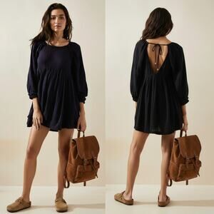 NEW Free People Adler Navy Blue Long Sleeve Tunic Mini Dress Size XS Boho Scandi